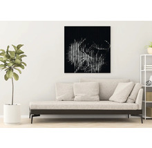 Wohnzimmer mit Sofa, Zimmerpflanze und einem Wandbild mit Pflanzenmotiv