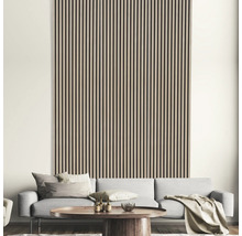 Wohnzimmer mit Wandpaneelen aus Holz