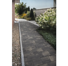 Gartenweg gepflastert mit rechteckigen Pflastersteinen