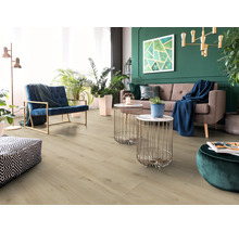 Heller Wohnraum mit Laminatboden, Sofa und Sessel