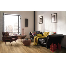 Wohnzimmer mit Sessel, Sofa und Holzboden