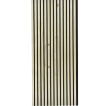 Holzpaneel mit schwarzen Akustikfilzstreifen zur Wandgestaltung