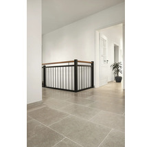 Flur mit Fliesenboden, Treppengeländer und Tür