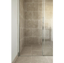 Ebenerdige Dusche mit Glasabtrennung und großformatigen Fliesen