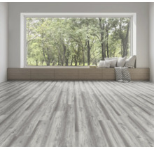 Heller Raum mit grauem Holzboden, Fensterbank mit Kissen und Blick ins Grüne