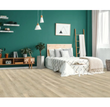 Modernes Schlafzimmer mit hellem Holzboden, Bett und Dekorationen