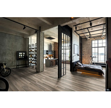 Loftwohnung mit offenem Wohnbereich, Küche und Schlafzimmer im modernen Industriedesign