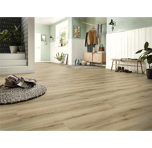 Heller Raum mit Holzfußboden, Garderobe, Bank und Teppich