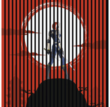 Illustration einer Frau mit Schwert vor einem roten Hintergrund