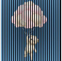 Illustration eines Teddybären, der an einem Ballon hängt, mit vertikalen Streifen im Vordergrund.