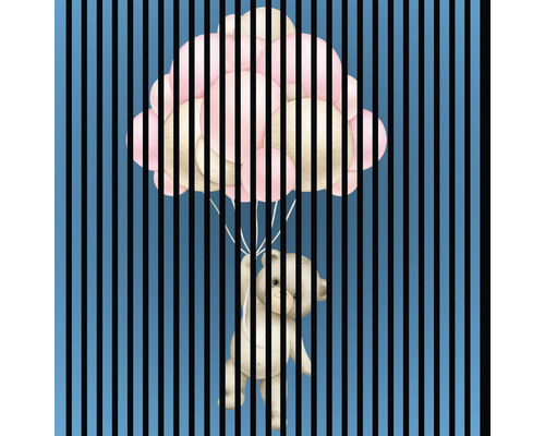 Illustration eines Teddybären, der an einem Ballon hängt, mit vertikalen Streifen im Vordergrund.