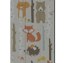 Illustration mit Bär, Fuchs, Igel und anderen Waldtieren hinter vertikalen Streifen