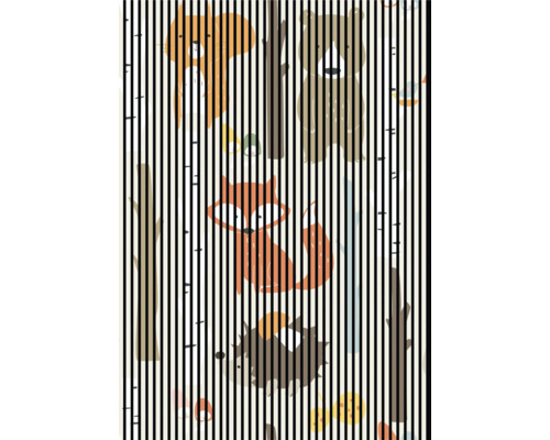 Illustration mit Bär, Fuchs, Igel und anderen Waldtieren hinter vertikalen Streifen