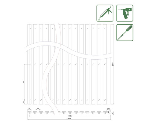 Technische Zeichnung eines Holzzaun-Elements mit Maßen und Werkzeugsymbolen