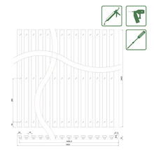 Technische Zeichnung eines Holzzauns mit Maßangaben und Symbolen für Werkzeuge