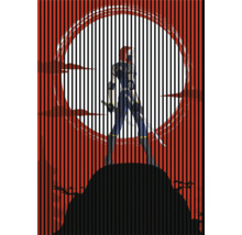 Illustration einer Comicfigur mit Schwert vor einem Vollmondhintergrund