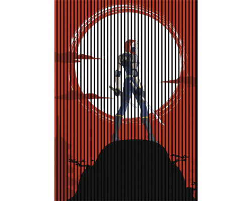 Illustration einer Comicfigur mit Schwert vor einem Vollmondhintergrund