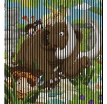 Illustration eines Mammuts mit Kindern im Dschungel, verdeckt durch vertikale Streifen.