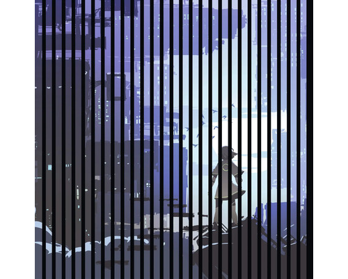 Illustration einer Person in einer Stadt hinter vertikalen Streifen