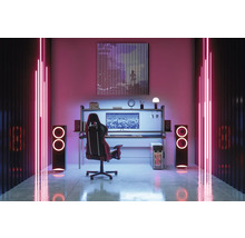 Gamingzimmer mit Schreibtisch, Stuhl, Lautsprechern und Neonbeleuchtung