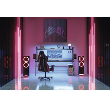 Einrichtung eines Gaming-Zimmers mit Schreibtisch, Stuhl, Lautsprechern und LED-Beleuchtung