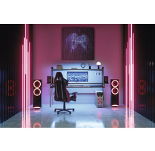 Gaming Zimmer mit Schreibtisch, Stuhl, Lautsprechern und Neonbeleuchtung