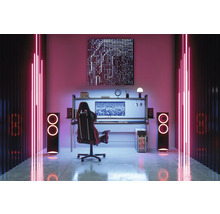 Gaming-Zimmer mit Schreibtisch, Computer, Stuhl, Lautsprechern und Neonlichtern