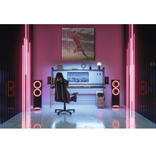 Einrichtung eines Gaming-Zimmers mit Schreibtisch, Stuhl, Computer, Lautsprechern und Wanddekoration