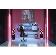 Ein Gamingzimmer mit Schreibtisch, Computer, Stuhl, Lautsprechern und LED-Beleuchtung schafft eine moderne Atmosphäre.