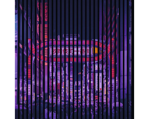 Abstraktes Bild einer belebten Stadtstraße mit Neonreklamen bei Nacht