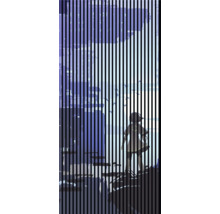 Illustration einer stehenden Person in einer städtischen Umgebung mit vertikalen Linien