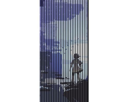 Illustration einer stehenden Person in einer städtischen Umgebung mit vertikalen Linien