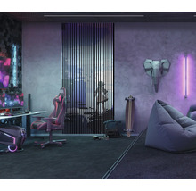 Modernes Jugendzimmer mit Schreibtisch, Gaming-Stuhl, Raumteiler und Sitzecke