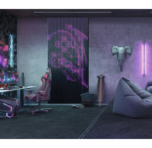 Modernes Spielzimmer mit Gaming-Stuhl, Schreibtisch, Neonbeleuchtung und Dekorationen.