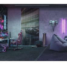 Modernes Jugendzimmer mit Schreibtisch, Gaming-Stuhl, Sitzsack und dekorativen Elementen