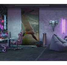 Modernes Zimmer mit Schreibtisch, Gaming-Stuhl, Sitzsack und Wanddekoration