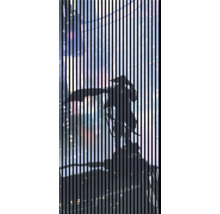 Abstraktes Kunstwerk mit vertikalen Linien und einer dunklen Silhouette