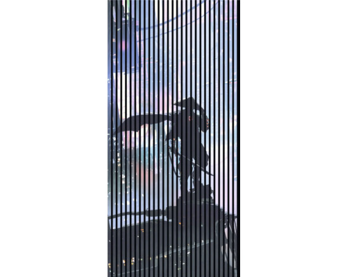 Abstraktes Kunstwerk mit vertikalen Linien und einer dunklen Silhouette