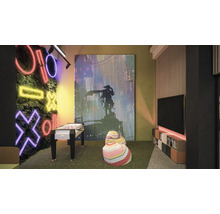 Helles Zimmer mit Tischfußball, Wandkunst, Sitzsäcken und Fernseher