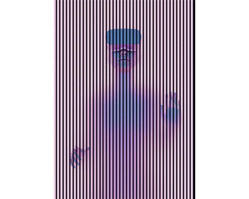 Person mit Virtual-Reality-Brille vor vertikalen Streifen