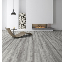 Heller Raum mit Laminatboden, Kamin, Holzstapel und Liege