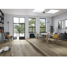 Heller Wohnraum mit Holzboden, Esstisch und Stühlen