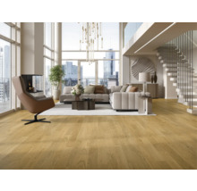 Helles Wohnzimmer mit Parkettboden, Sofa, Sessel, Treppe und Panoramafenstern