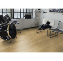 Ein Raum mit Holzboden, einem Schlagzeug, zwei Stühlen und einer Stehlampe.