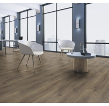 Heller Raum mit Holzlaminatboden, Stühlen und Tisch