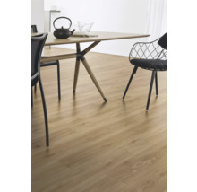 Szene mit Laminatboden, Esstisch und Stühlen.