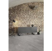 Grauer Schrank vor einer Ziegelwand mit Stehlampe und Dekoration