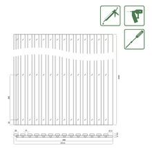 Technische Zeichnung eines Sichtschutzzauns mit Maßangaben und Werkzeugsymbolen.