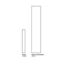 Abbildung einer Sockelfliese in der Größe 7,2x59,6 cm und einer Boden- und Wandfliese in der Größe 23x120 cm.