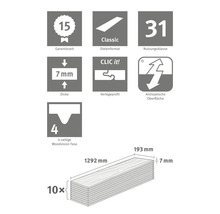 Produktmerkmale: 15 Jahre Garantie, Dielenformat Classic, Nutzungsklasse 31, Dicke 7 mm, Clic it Verlegeprofil, antistatische Oberfläche, 4-seitige Woodvision Fase, Maße 1292 x 193 x 7 mm, 10 Stück